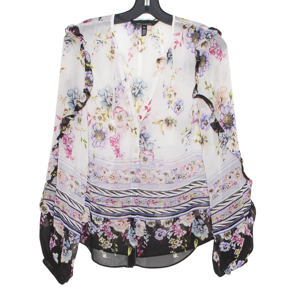 WHBM Floral Sheer Button Up Top Ruffle Long Sleeve XS Boho Romantic Cottagecore